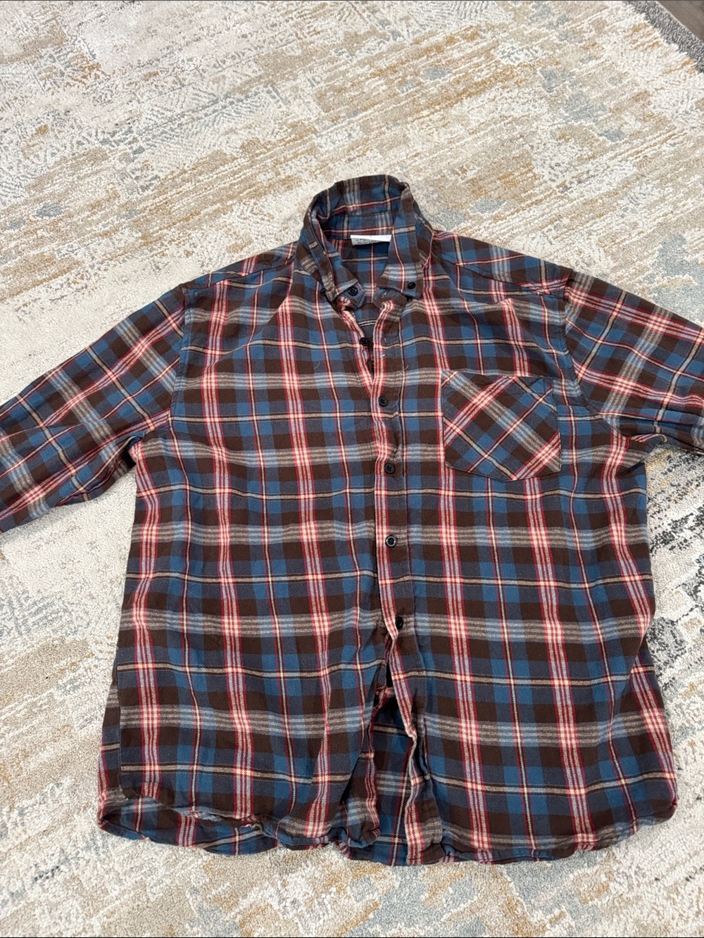 Plaid Button-Down Shirt in Red and Navy with Graphic Back Patch - Picture 4 of 7
